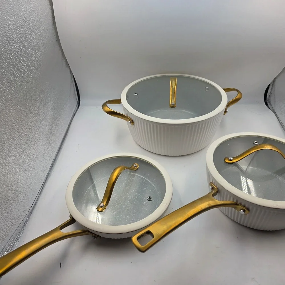 Thyme & Table 6 Piece Cookware Set Cream White Gold Handles Non-Stick Ribbed L3